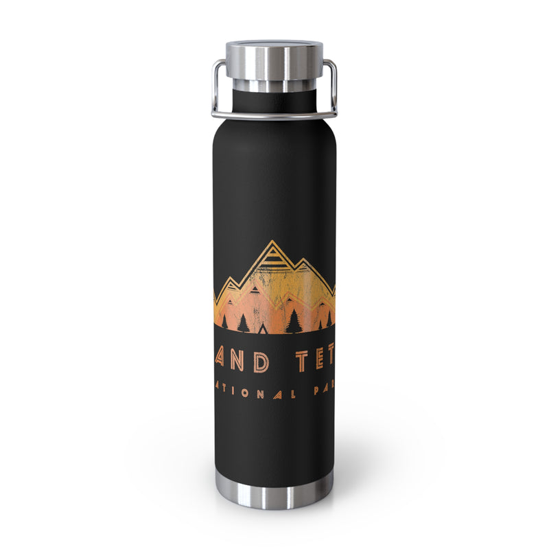 Grand Teton National Park souvenir water bottle featuring a mountain art design with stainless steel construction.