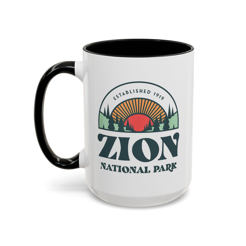 15 oz ceramic mug with black contrasting handle featuring an established 1919 design of Zion National Park, perfect as a souvenir.