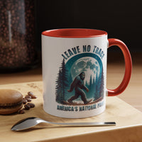 11 oz red ceramic mug with Bigfoot graphic and "Leave No Trace" text, featuring Yosemite National Park scenery.