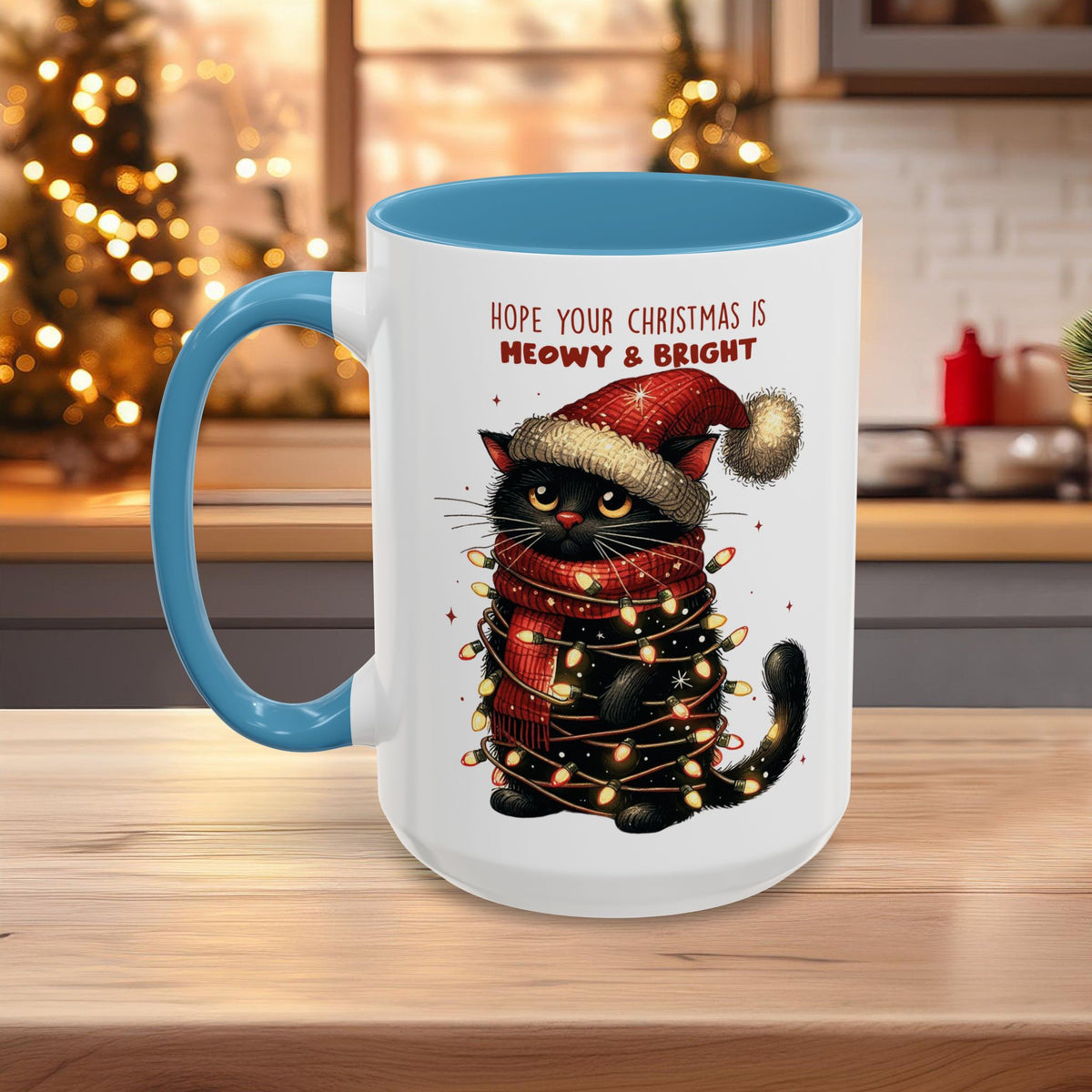 Christmas Cat Mug "Meowy & Bright", Microwave and Dishwasher Safe, Free Shipping