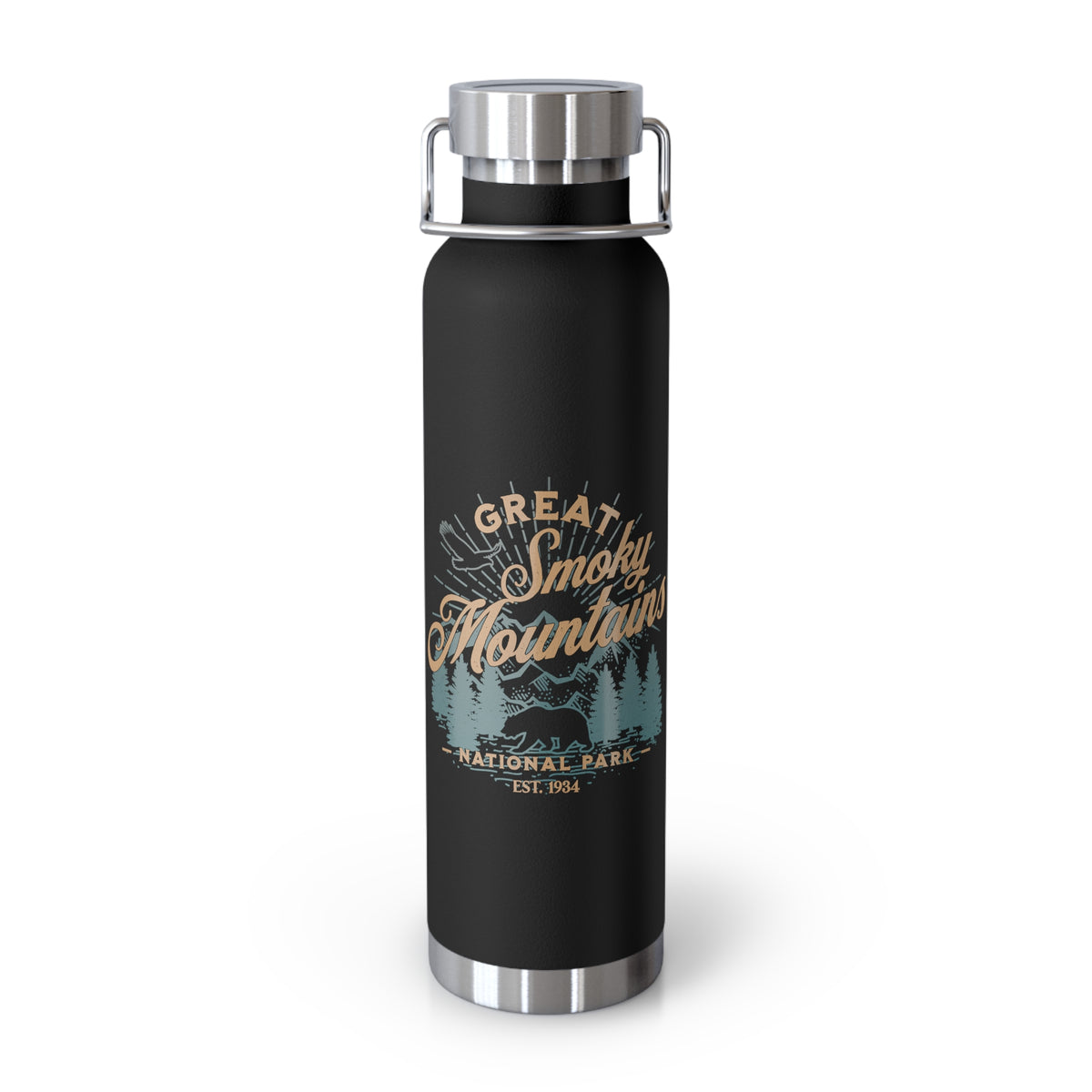 Great Smoky Mountains National Park souvenir bottle with scenic mountain design.