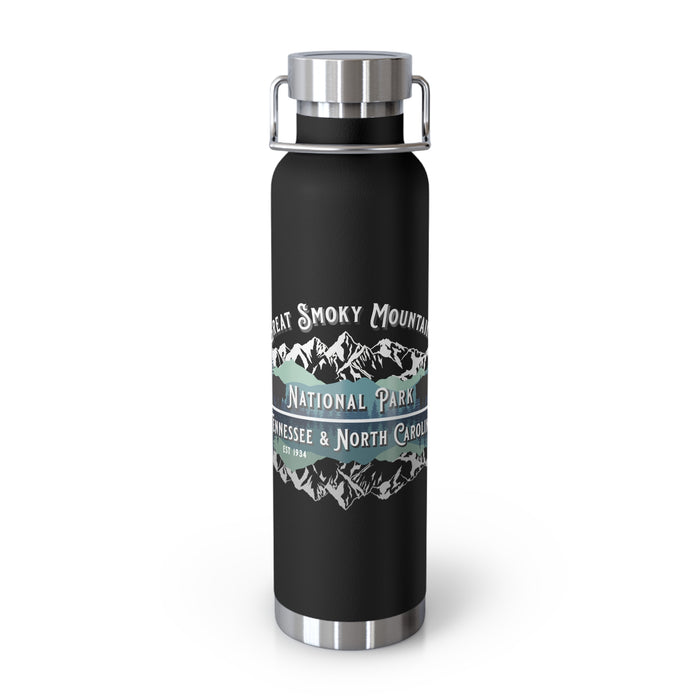 Stainless steel water bottle featuring a Great Smoky Mountains National Park design with a mountain scene illustration, durable powder-coated finish.