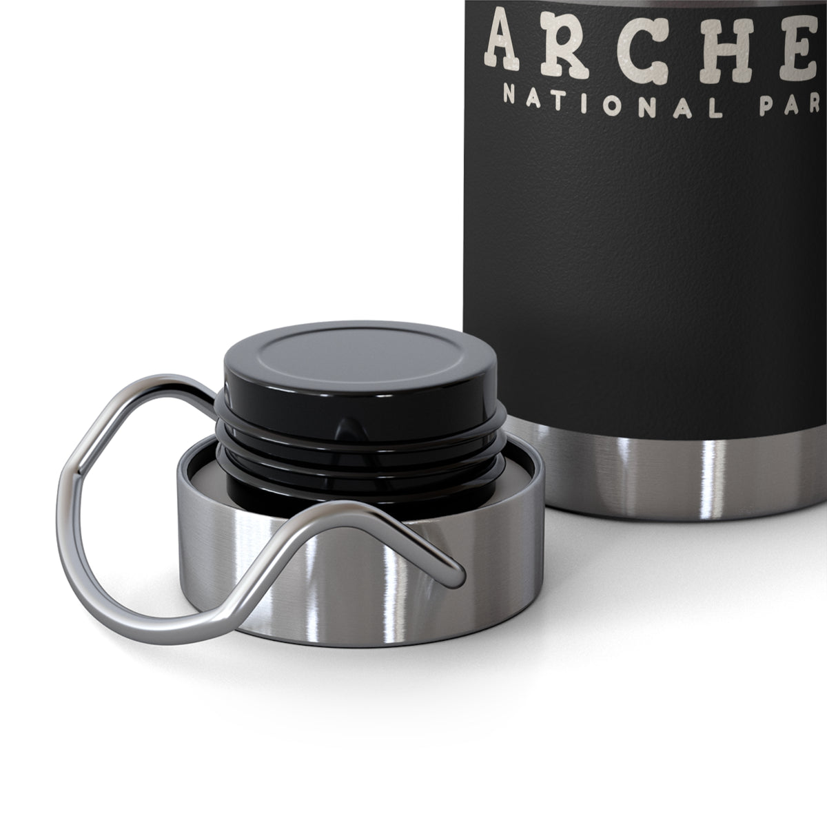 Image of a stainless steel water bottle featuring a design from Arches National Park in Utah.