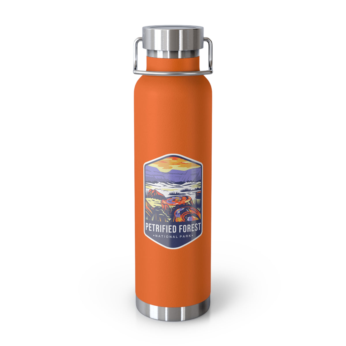 Orange stainless steel water bottle featuring a colorful design of Petrified Forest National Park with scenic landscapes.