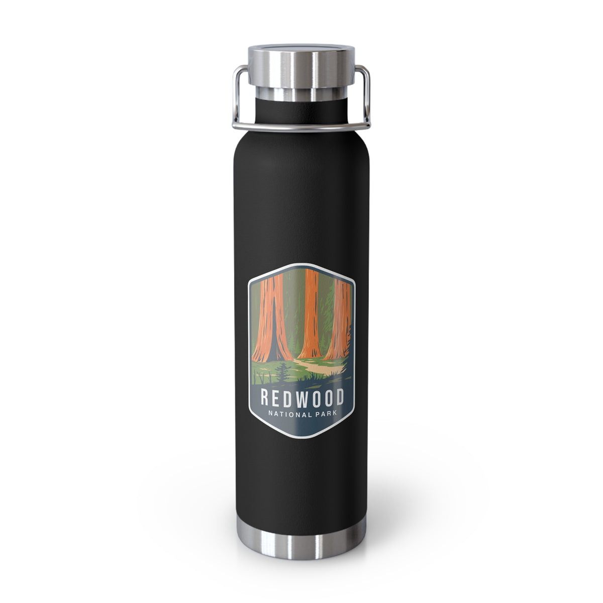 Black stainless steel water bottle featuring a design of Redwood National Park with towering redwood trees.