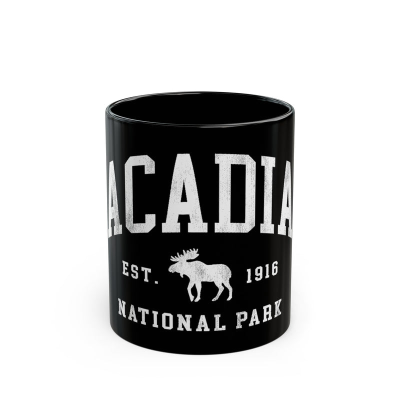 Ceramic coffee mug featuring a moose design with Acadia National Park Est. 1916.