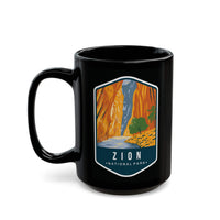 Black ceramic mug featuring a design of Zion National Park with canyons and a river.