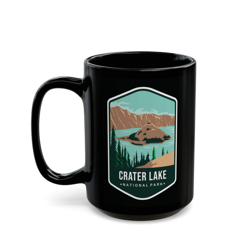 Ceramic mug featuring a scenic lake design with Crater Lake National Park logo.