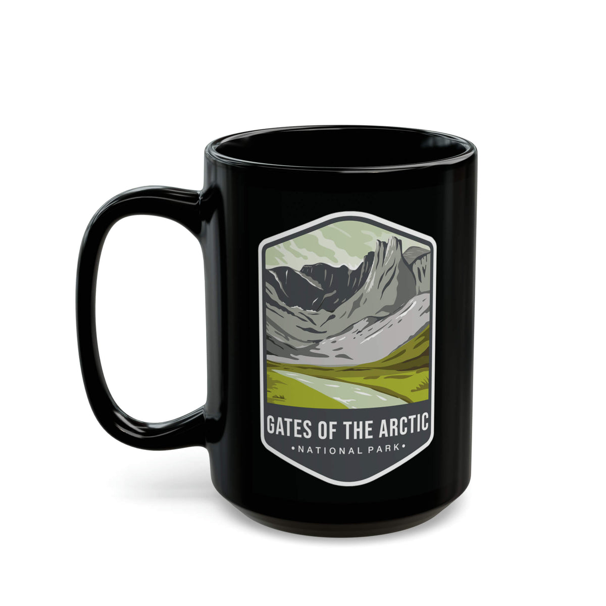 Ceramic mug featuring a mountain design with Gates of the Arctic National Park logo.