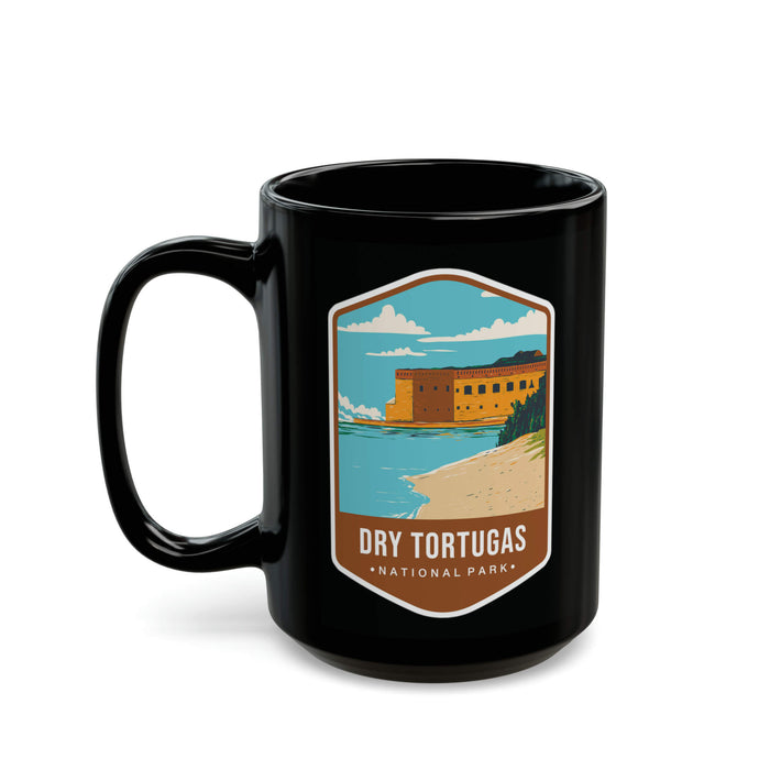 Ceramic mug featuring a beach and fort design with Dry Tortugas National Park logo.