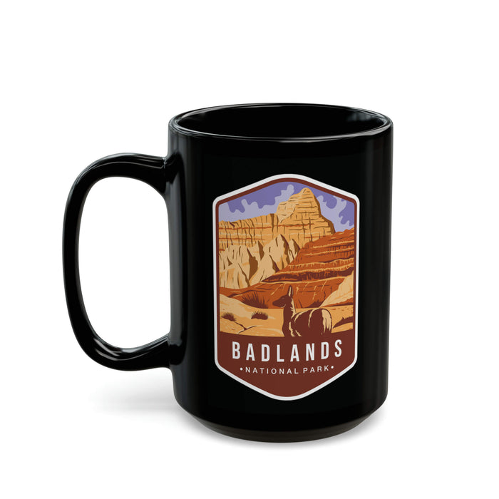 Ceramic mug featuring a scenic design with mountains and a cowboy, representing Badlands National Park.