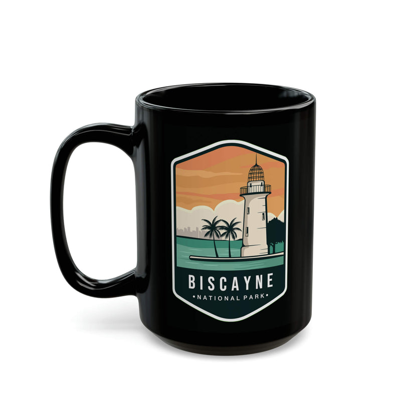 Ceramic mug featuring a lighthouse design with palm trees, representing Biscayne National Park.