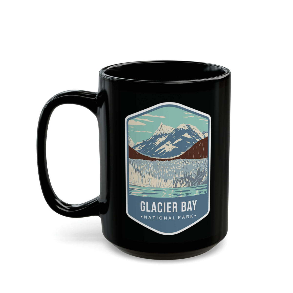 Ceramic mug featuring an illustration of Glacier Bay National Park with mountains and glaciers.