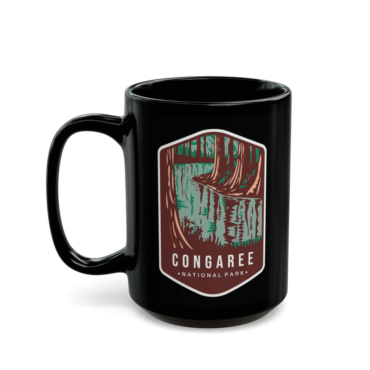 Ceramic mug featuring a scenic forest design with Congaree National Park logo.