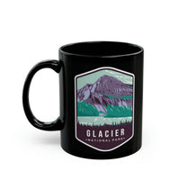 Ceramic mug featuring an illustration of Glacier National Park with mountains and forests.