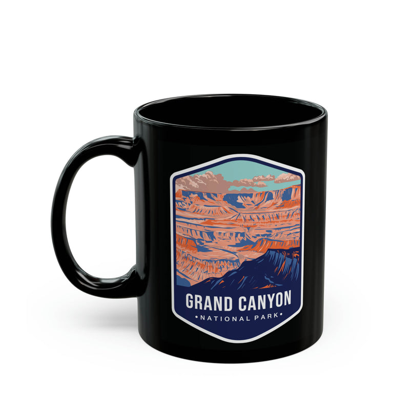 Ceramic mug featuring an illustration of Grand Canyon National Park with colorful canyon views.