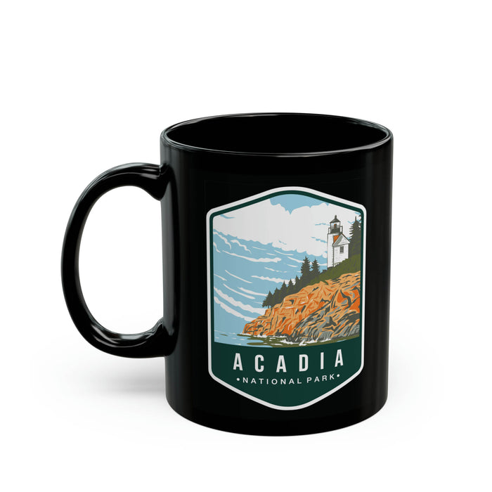 Ceramic mug featuring a lighthouse coastal design of Acadia National Park, perfect as a souvenir.