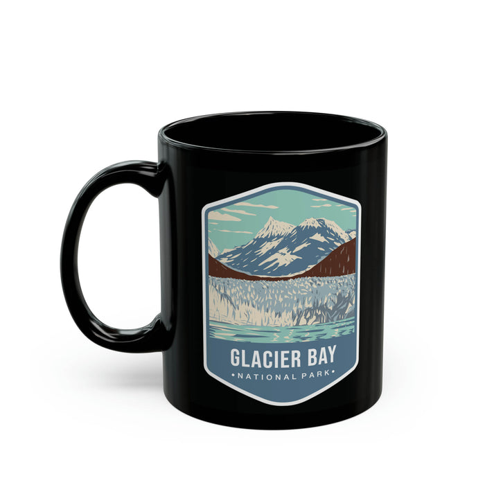 Ceramic mug featuring an illustration of Glacier Bay National Park with mountains and glaciers.