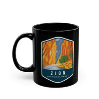 Black ceramic mug featuring a design of Zion National Park with canyons and a river.