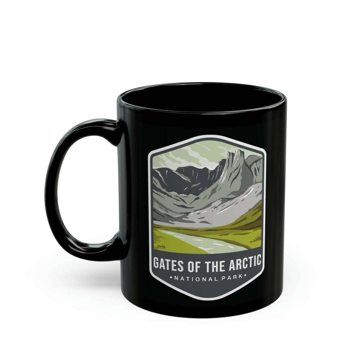 Ceramic mug featuring a mountain design with Gates of the Arctic National Park logo.