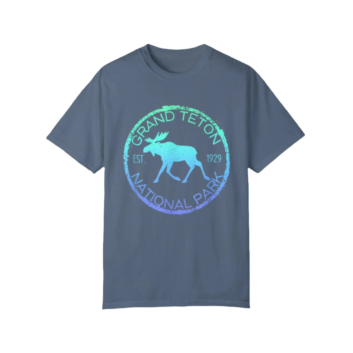 T-shirt featuring a moose graphic with "Grand Teton National Park" and "Est. 1929" in a circular design.