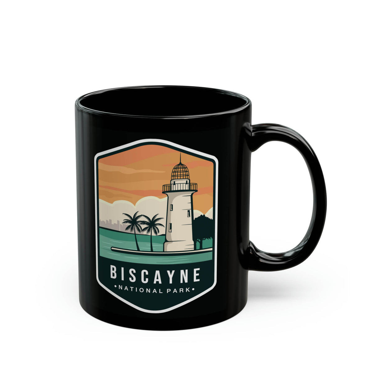 Ceramic mug featuring a lighthouse design with palm trees, representing Biscayne National Park.