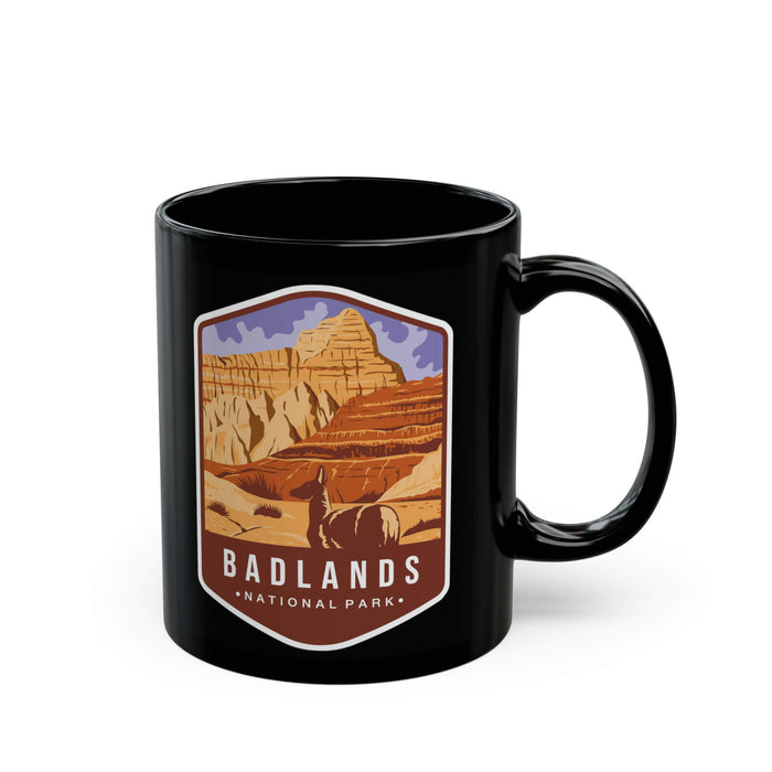 Ceramic mug featuring a scenic design with mountains and a cowboy, representing Badlands National Park.