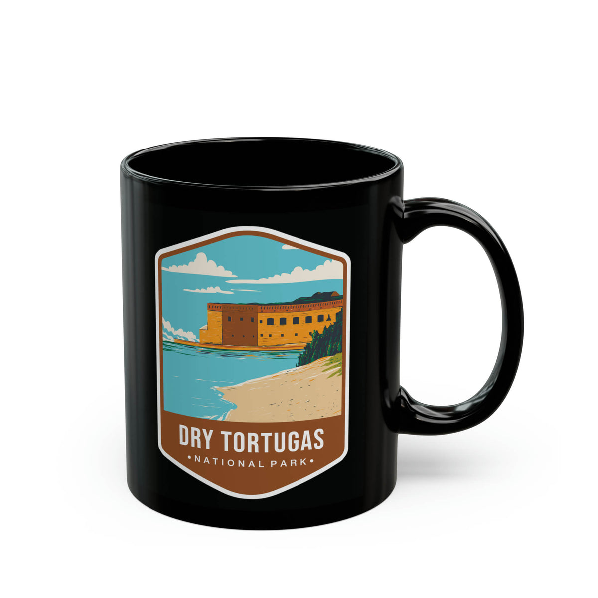 Ceramic mug featuring a beach and fort design with Dry Tortugas National Park logo.