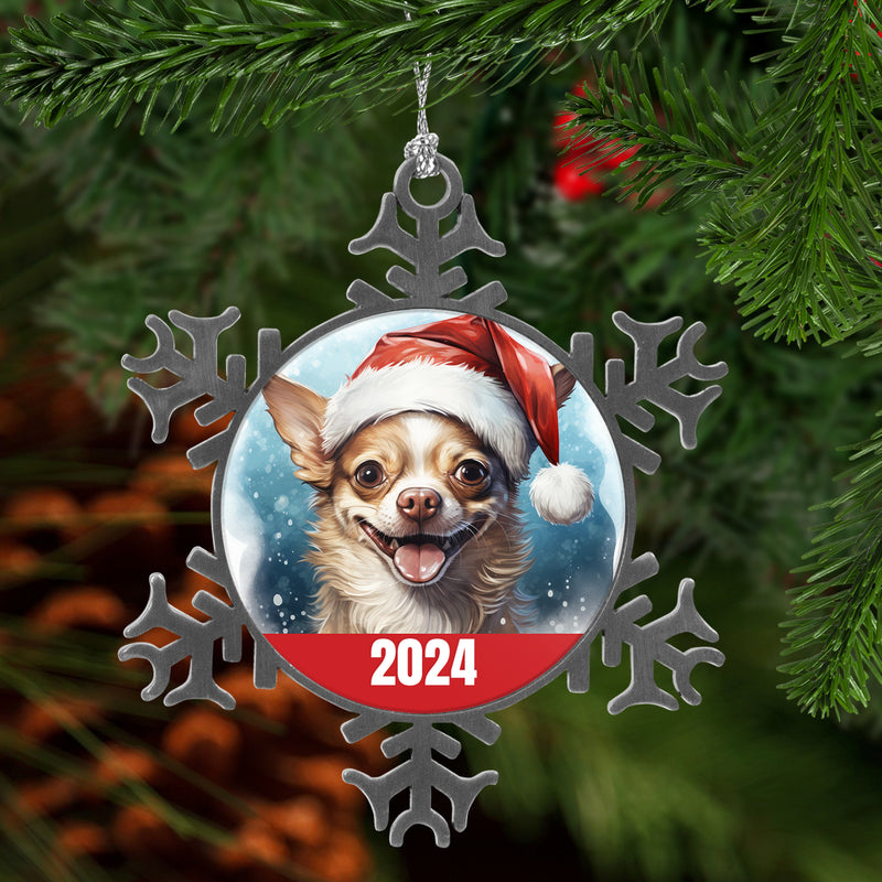 Chihuahua 2024 Christmas Ornament, Metal Snowflake with Free Shipping