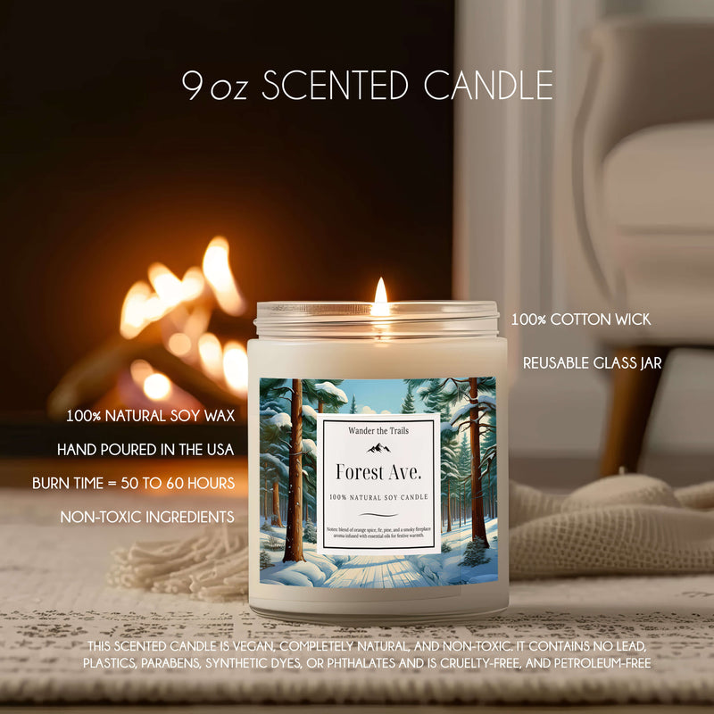 Fireplace-scented Forest Avenue Christmas candle with unique label art