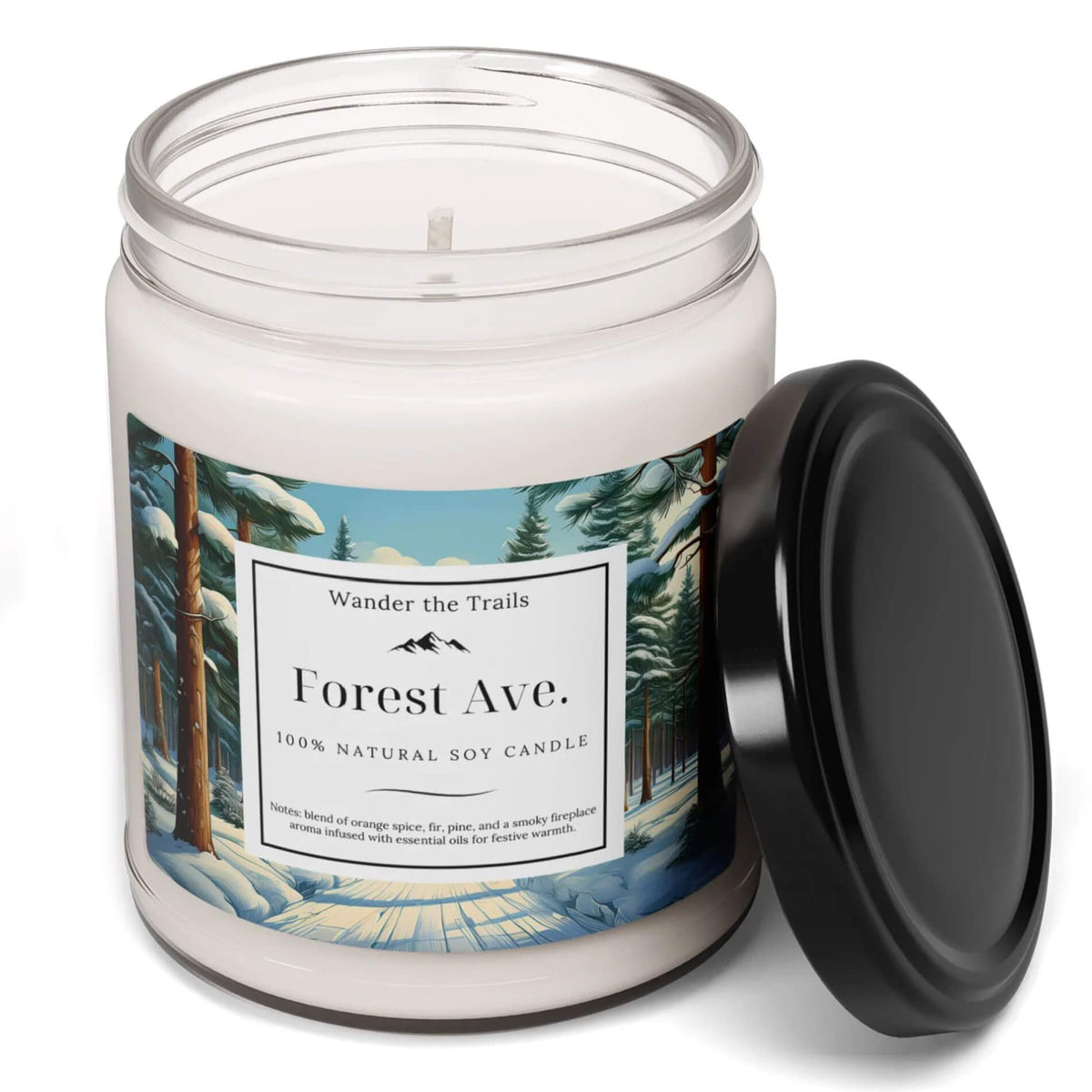 Forest Avenue pine Christmas candle with beautiful artwork featuring a cozy winter scene