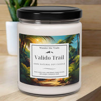 Coconut and cardamom-scented tropical candle with unique label art