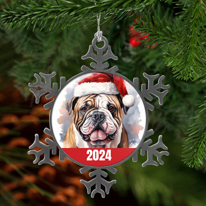 Bulldog Christmas Ornament 2024 - Pewter Snowflake Design