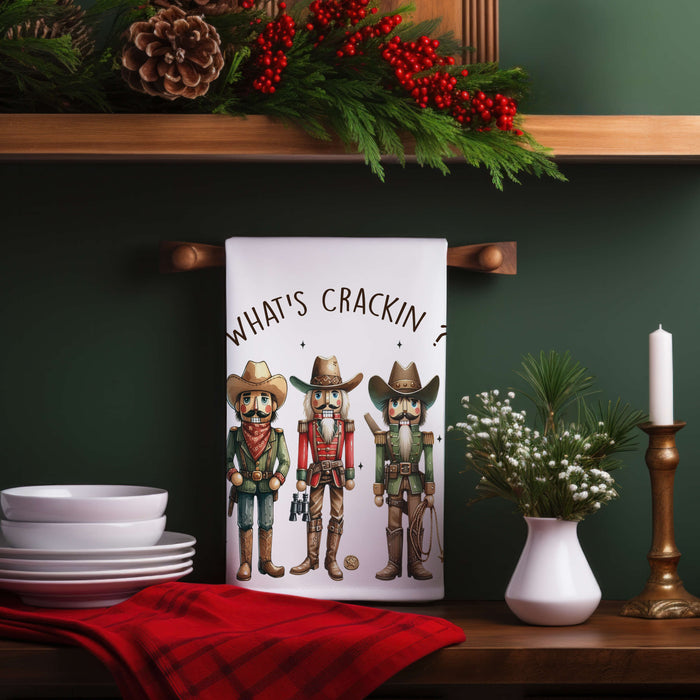 Funny Cowboy Nutcracker Christmas Tea Towel, What's Crackin'? Holiday Decor Kitchen Towel