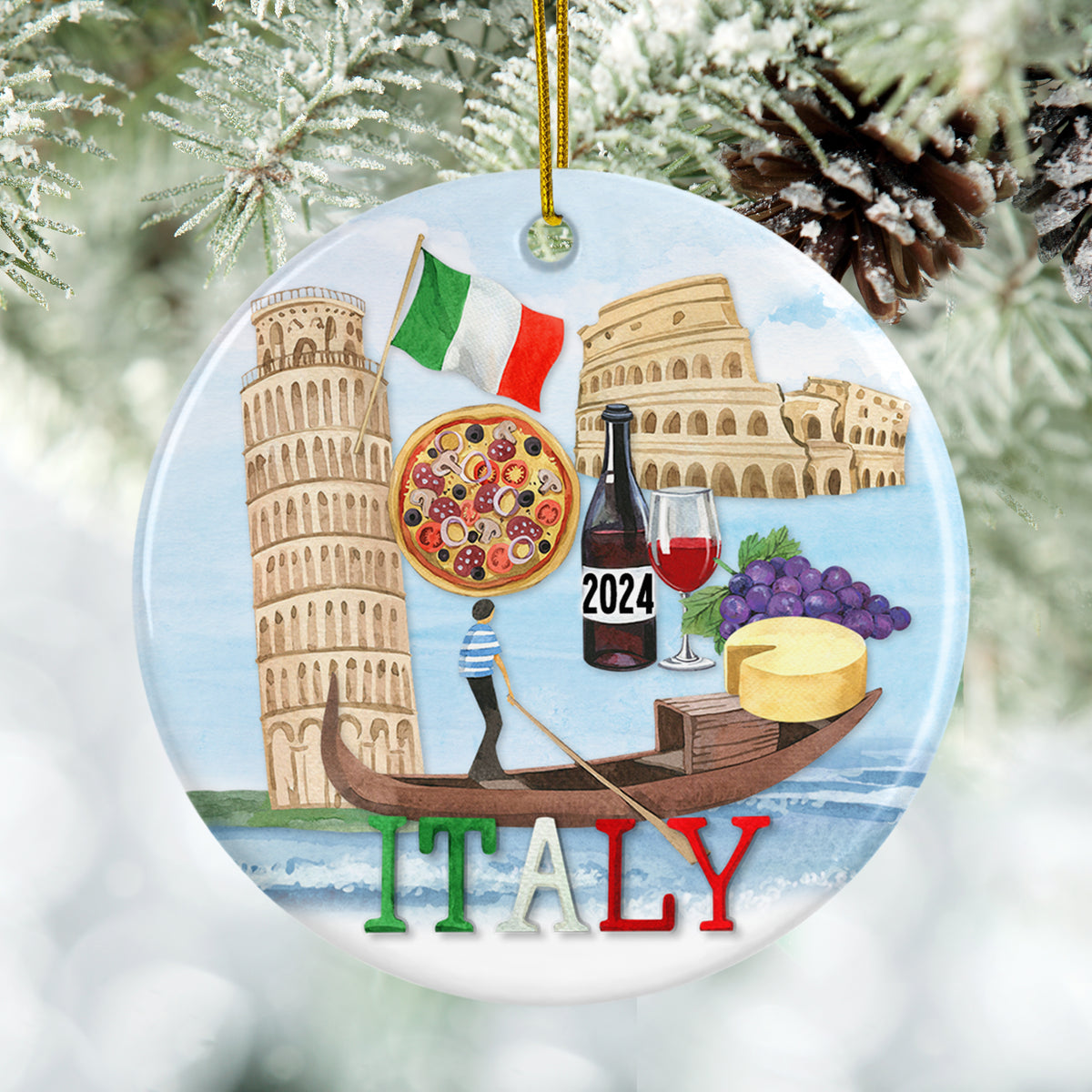 Italy 2024 Christmas Ornament, Italian Landmarks and Cuisine Travel Souvenir Ornament with Free Shipping