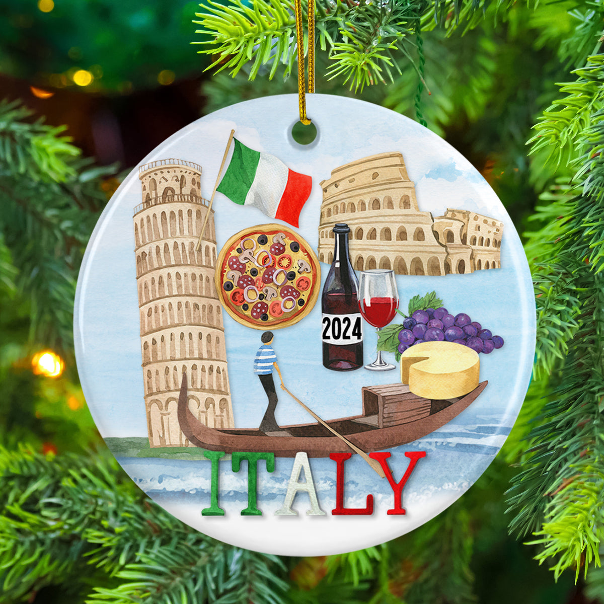 Italy 2024 Christmas Ornament, Italian Landmarks and Cuisine Travel Souvenir Ornament with Free Shipping