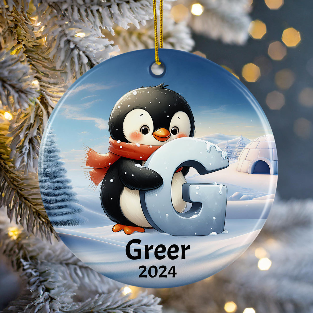 Personalized Name Initial G Kids Christmas Penguin Ornament