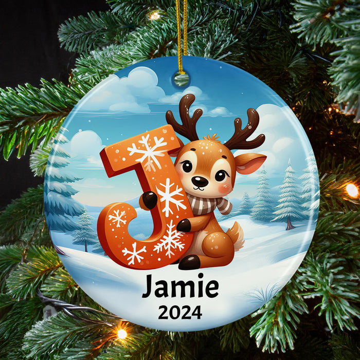 Personalized Name Initial J Kids Christmas Reindeer Ornament