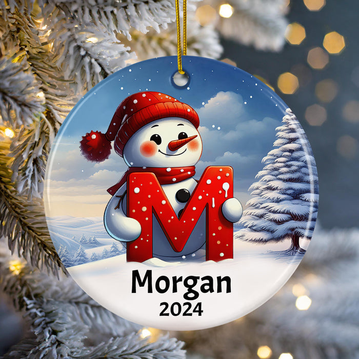 Personalized Name Initial M Kids Christmas Snowman Ornament