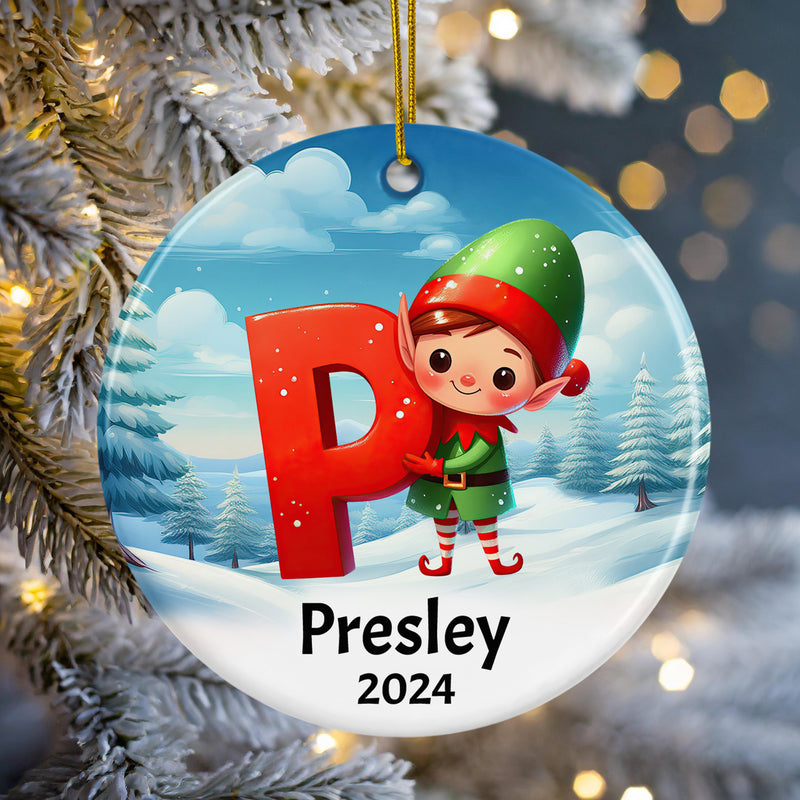 Personalized Name Initial P Kids Christmas Elf Ornament