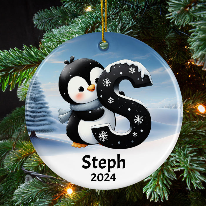 Personalized Name Initial S Kids Christmas Penguin Ornament