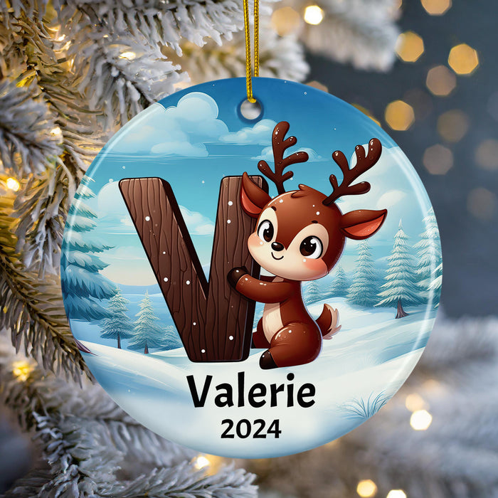 Personalized Name Initial V Kids Christmas Reindeer Ornament