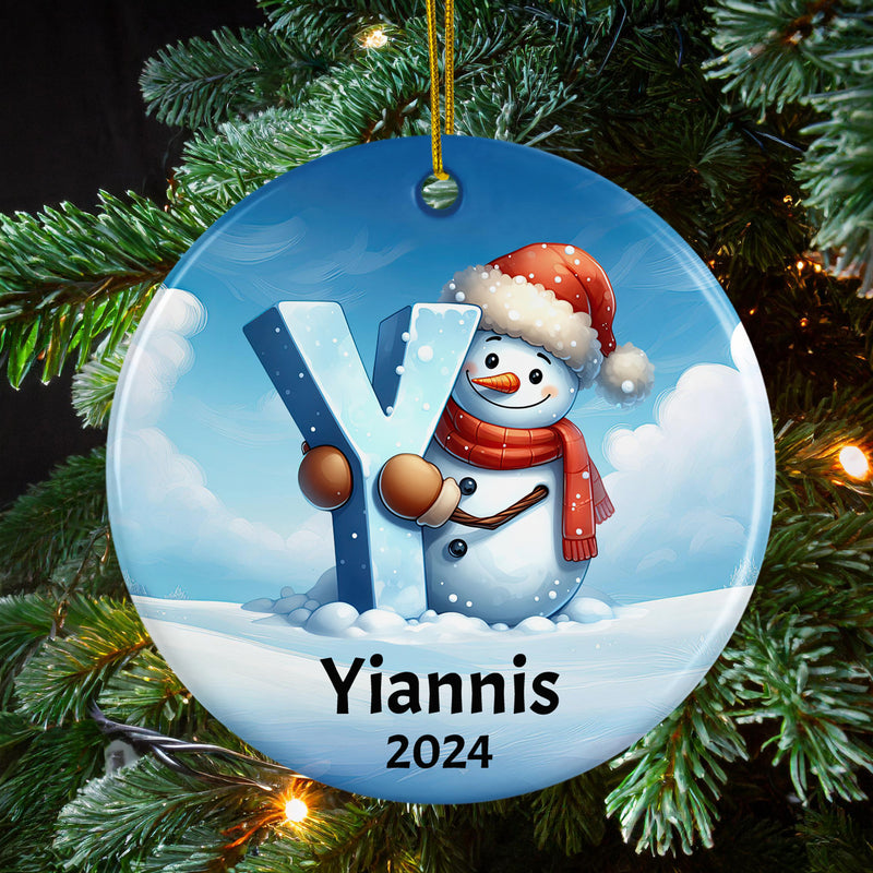 Personalized Name Initial Y Kids Christmas Snowman Ornament