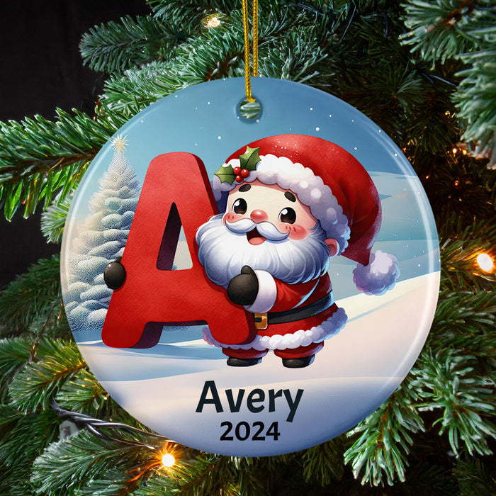 Personalized Name Initial A Kids Christmas Ornament with Santa