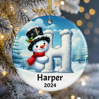 Personalized Name Initial H Kids Christmas Snowman Ornament