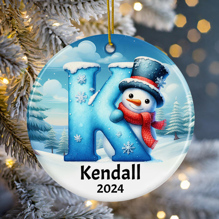 Personalized Name Initial K Kids Christmas Snowman Ornament