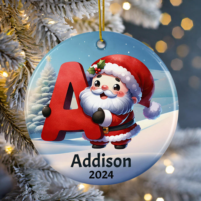 Personalized Name Initial A Kids Christmas Ornament with Santa