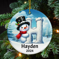 Personalized Name Initial H Kids Christmas Snowman Ornament