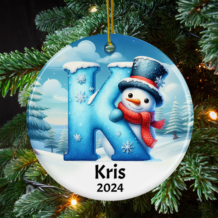 Personalized Name Initial K Kids Christmas Snowman Ornament