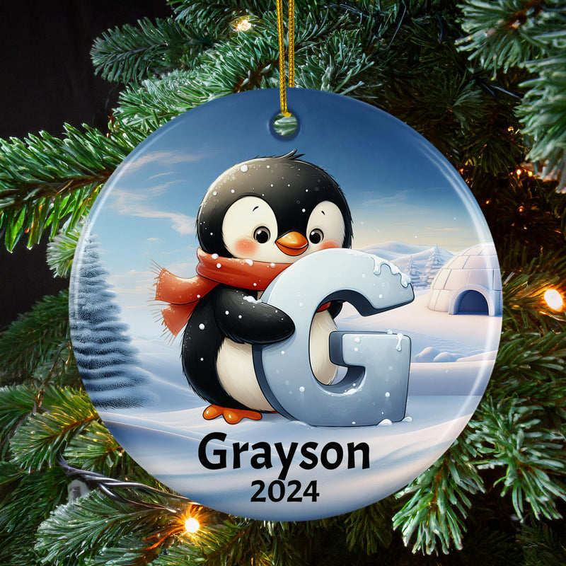 Personalized Name Initial G Kids Christmas Penguin Ornament